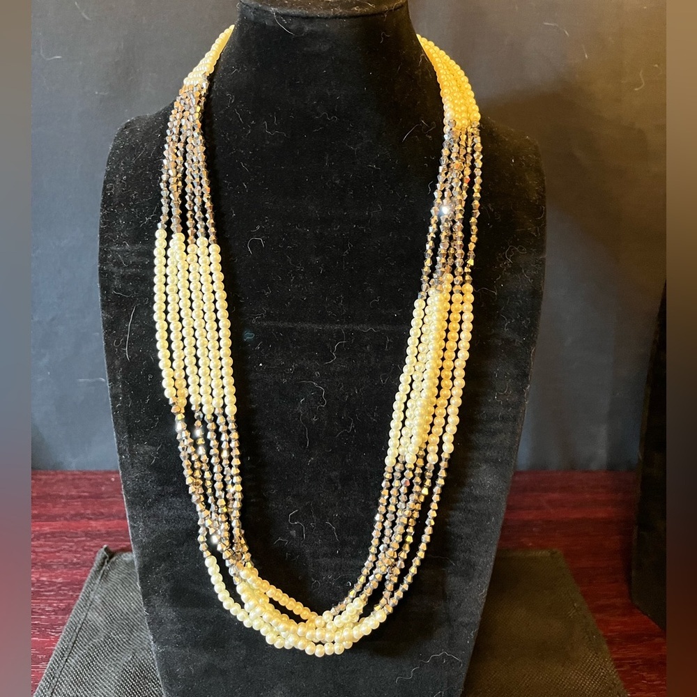 Elegant Multi-Strand faux Pearl & Silver Faceted Beaded Necklace